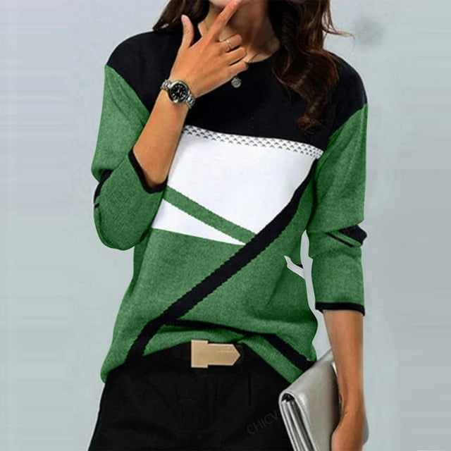 Meichang Hauts à Manches Longues pour Femmes Col Rond Pulls Doux d'Automne Pull Imprimé Géométrique Amusant Chemises Légères Tunique de Bureau