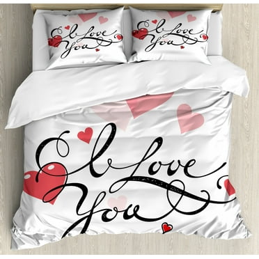 I Love You King Size Duvet Cover Set, Handwritten Illustration Swirly Designed Calligraphy with Pink and Red Hearts, Decorative 3 Piece Bedding Set with 2 Pillow Shams, Multicolor, by Ambesonne
