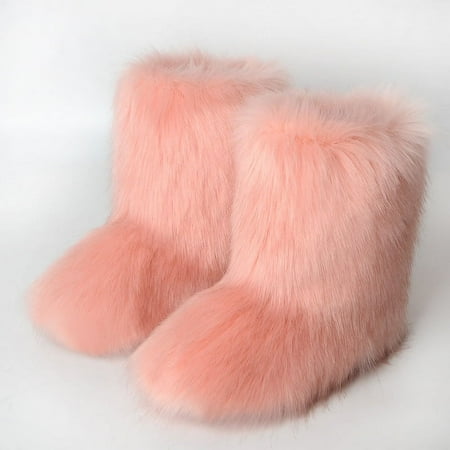 

Women s Faux fur Boot Furry Fluffy Short Snow Boot -Calf Boots Warm Comfortable Outdoor Flat Shoes