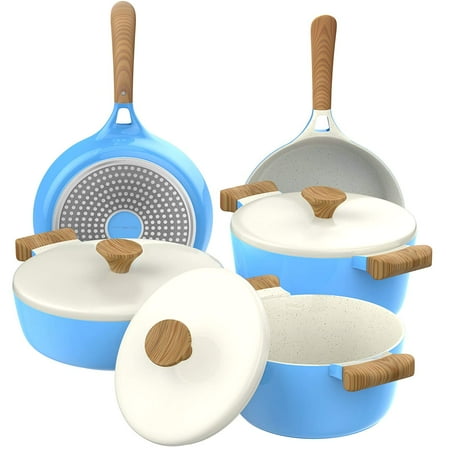 - Vremi 8 Piece Ceramic Nonstick Cookware Set - Induction Stovetop Compatible Dishwasher Safe Non Stick Pots with Lids and Frying Pans - Dutch Oven Pot Fry Pan Sets for Serving - PTFE PFOA Free - Blue