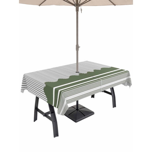 Outdoor Tablecloths with Umbrella Hole & Zipper, Dark Green Striped Rectangle Tablecloth 52x70 Inch, Abstract Modern Geometric Stripes Waterproof Table Cloth, Patio/Pool/Picnic Table Covers
