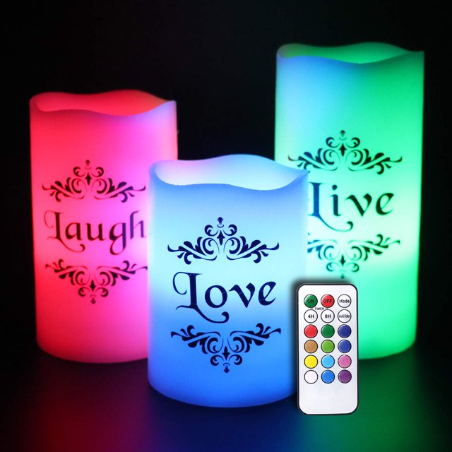DRomance Velas LED sin llama que cambian de color con control remoto de 18 teclas y temporizador Calcomanías Live Love Laugh Funciona con pilas Velas LED parpadeantes Decoración del día de San Valentí