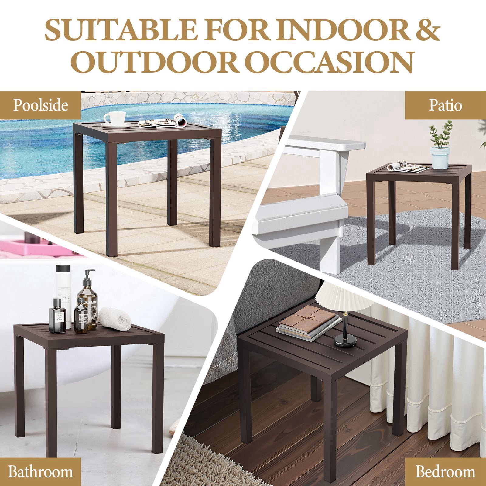 Pellebant 16" Outdoor Side Table, All-Weather Square Metal Patio End Table for Garden, Porch, Deck, Backyard, Brown