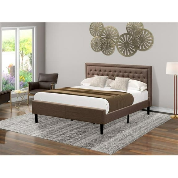Kendall Platform King Size Bed Frame - Brown Linen Fabric Upholestered Bed Headboard with Button Tufted Trim Design - Black Legs