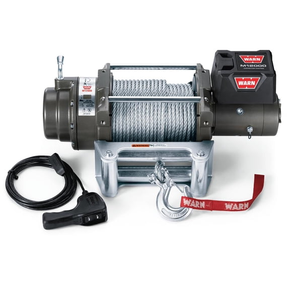 Warn Winch 17801 M12000 Series; Vehicle Mounted; Vehicle Recovery Winch; 12 Volt Electric; 12000 Pound Line Pull Capacity; 125 Foot Wire Rope; Roller Fairlead; Wired Remote; Planetary Gear Drive