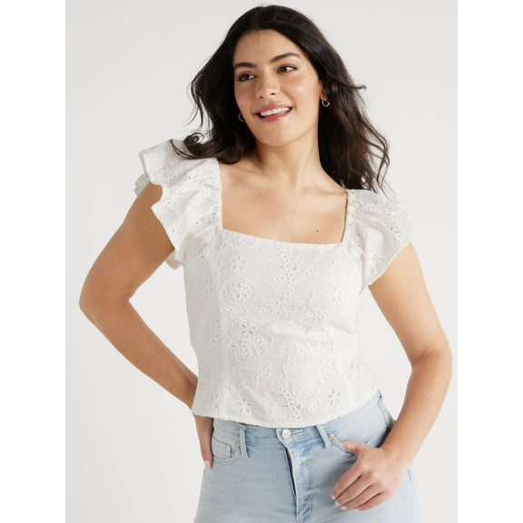 Women's Ruffle Sleeve Top, Size XL White