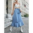 thumbnail image 2 of Women High Waisted Maxi Denim Skirt Bow Tie Ruffles Hem a Line Long Jean Skirt Flowy Pleated Jeans Skirts, 2 of 13