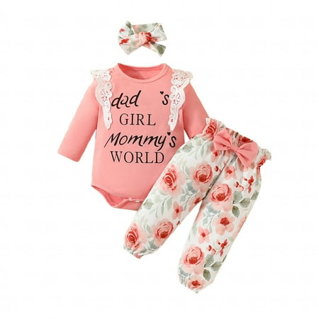 

Hwmodou Toddler Girls Outfits Spring Summer Long Sleeved Alphabet Print Crawling Pantsuit Includes Headband For 0-18M