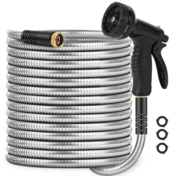 Kisportee 50ft Garden Hose, 150psi Stainless Steel Durable Water Hose with 10 Functional Nozzles, No Kink, Lightweight & Flexible, Easy to Use & Store, Strong and Sturdy, Suitable for Yard, Lawn