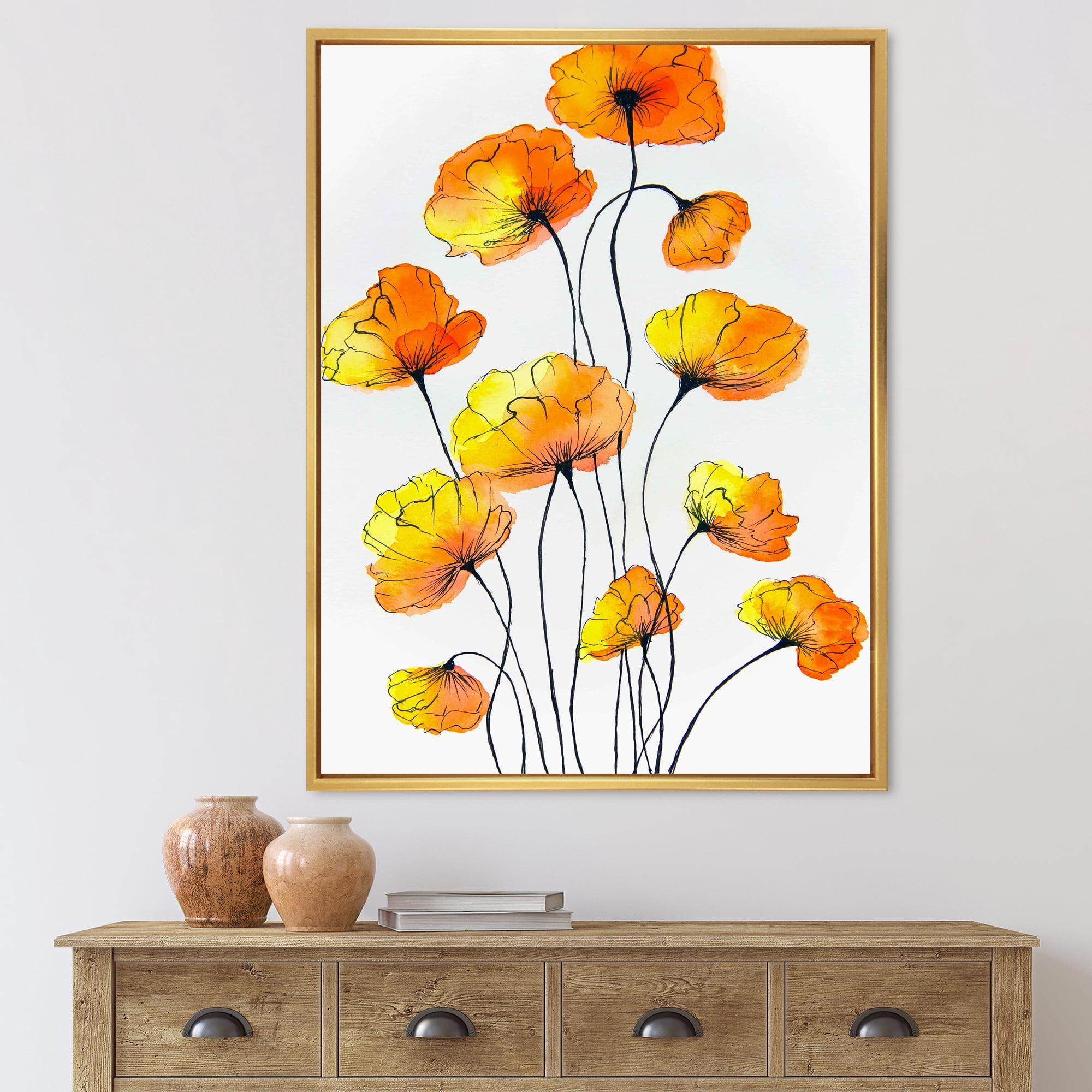 Designart 'Country Yellow Flowers On White' Traditional Framed Canvas Wall Art Print