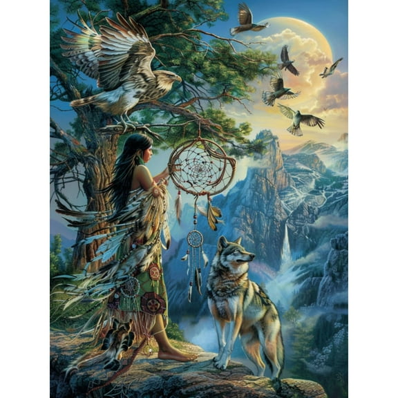 DIY 5D Diamond Art American Native Indian Beauty Wolf Mountain Paint with Full Drill Round Diamond Gems Painting by Number Kits for Adults Art Craft Home Wall Decor 11.8x15.8in(5)