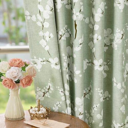 100% Blackout Floral Curtains for Bedroom, Sage Green Curtains 96 inch Length Blossom Patterned for Living Room, Thermal Insulated Farmhouse Drapes, Rod Pocket 2 Panels (White on Green)