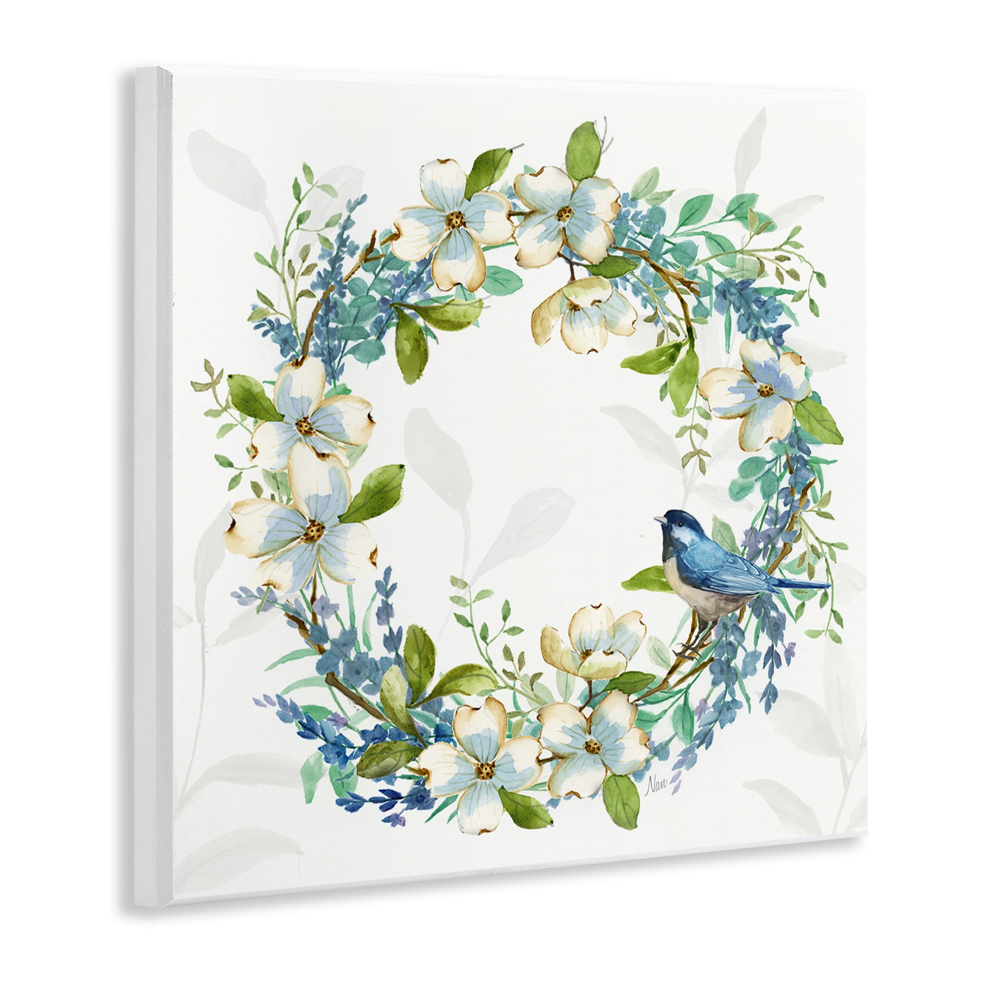Stupell Industries Dogwood Wreath & Bluebirds Plants & Flowers Painting Unframed Art Print Wall Art, 12 x 12