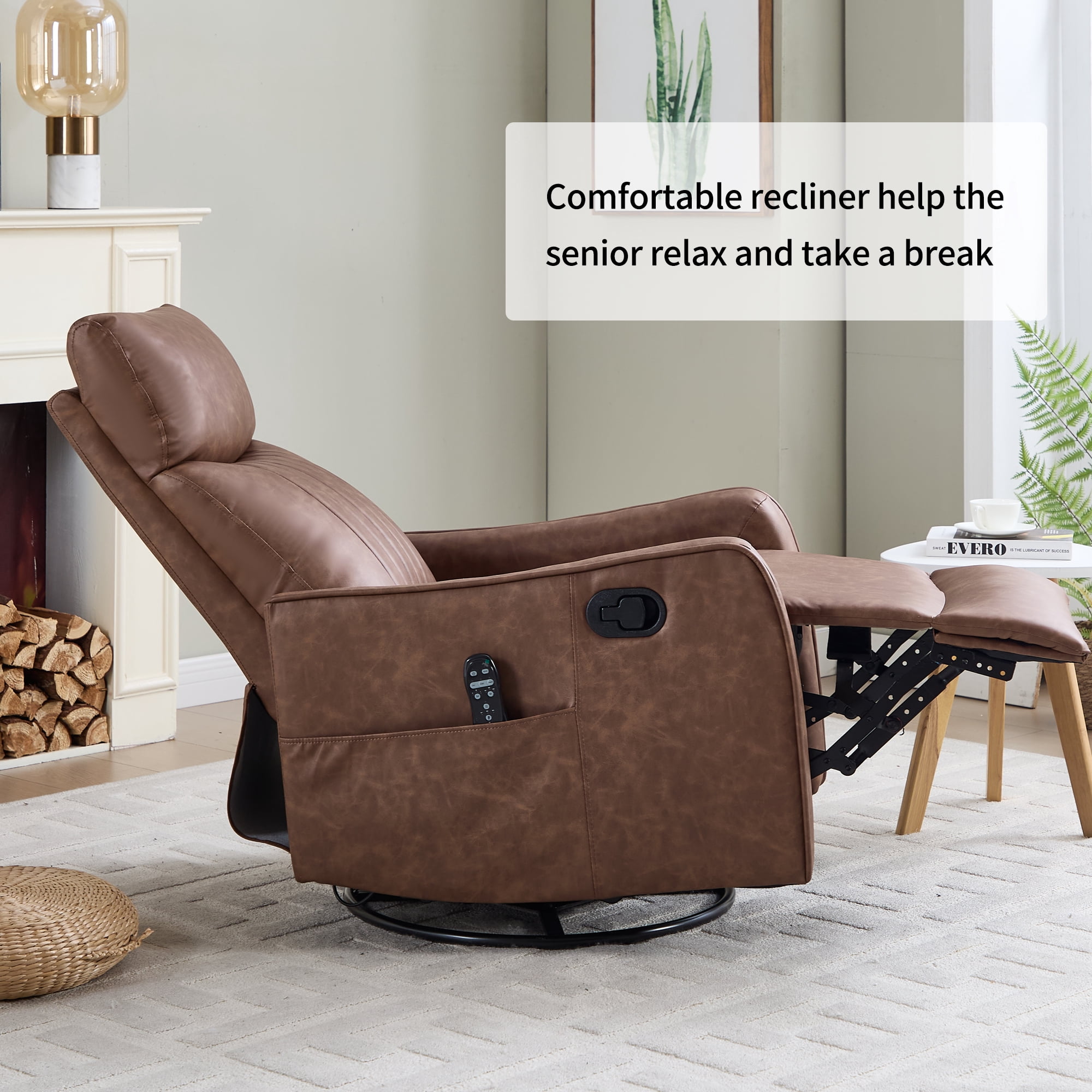 Gewnee 360° Swivel Rocking Recliner with Massage & Heat, Adjustable Reclining Angle, for Living Room & Office，Brown