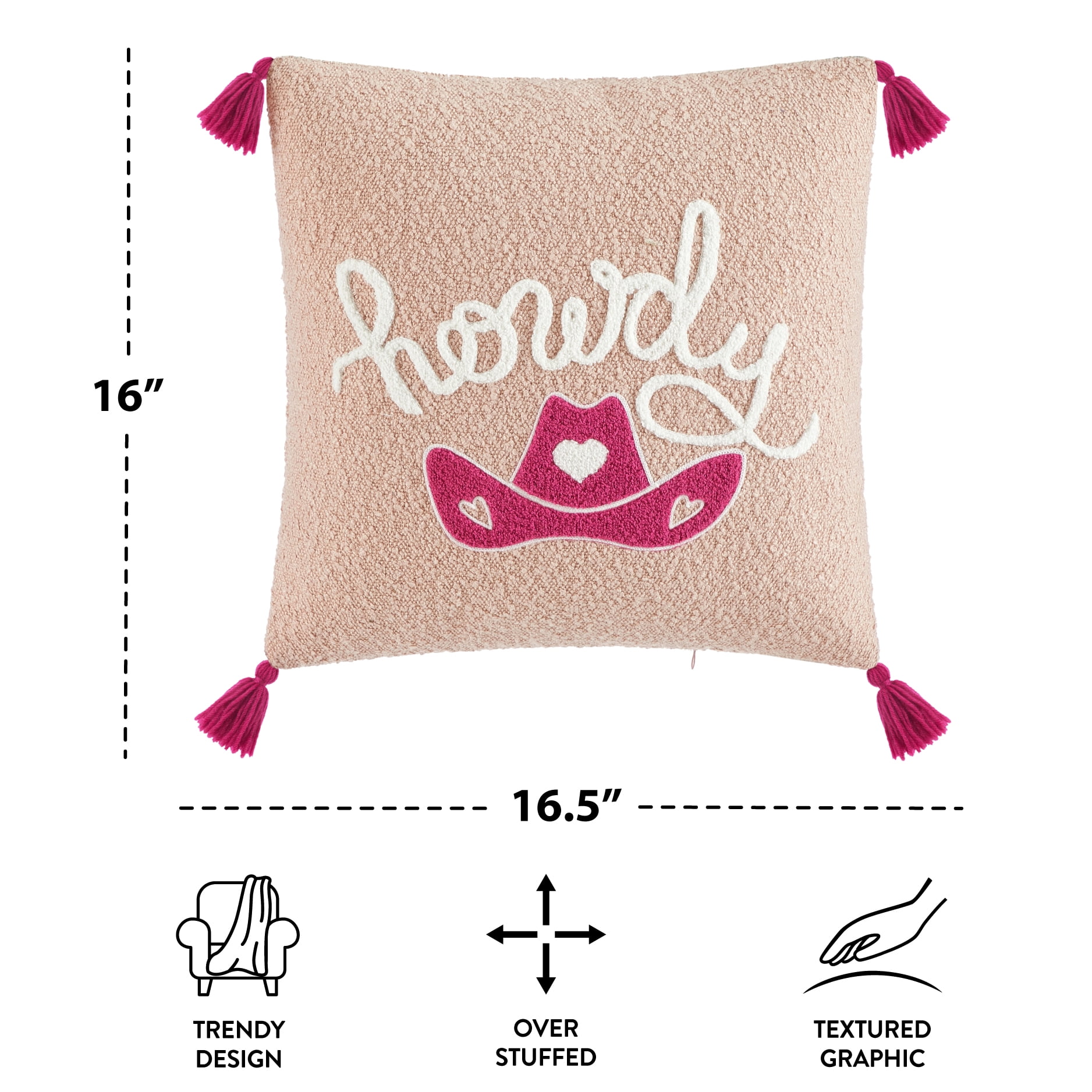 Mainstays 'Howdy' Pink Tasseled Decorative Pillow, 16.5" L x 16" W