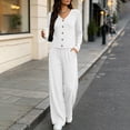thumbnail image 2 of Women's 2 Piece Casual Knit Set V Necklinen Full Buttom Down Top Wide Leg Pants Casual Suits for Fall White XL, 2 of 6