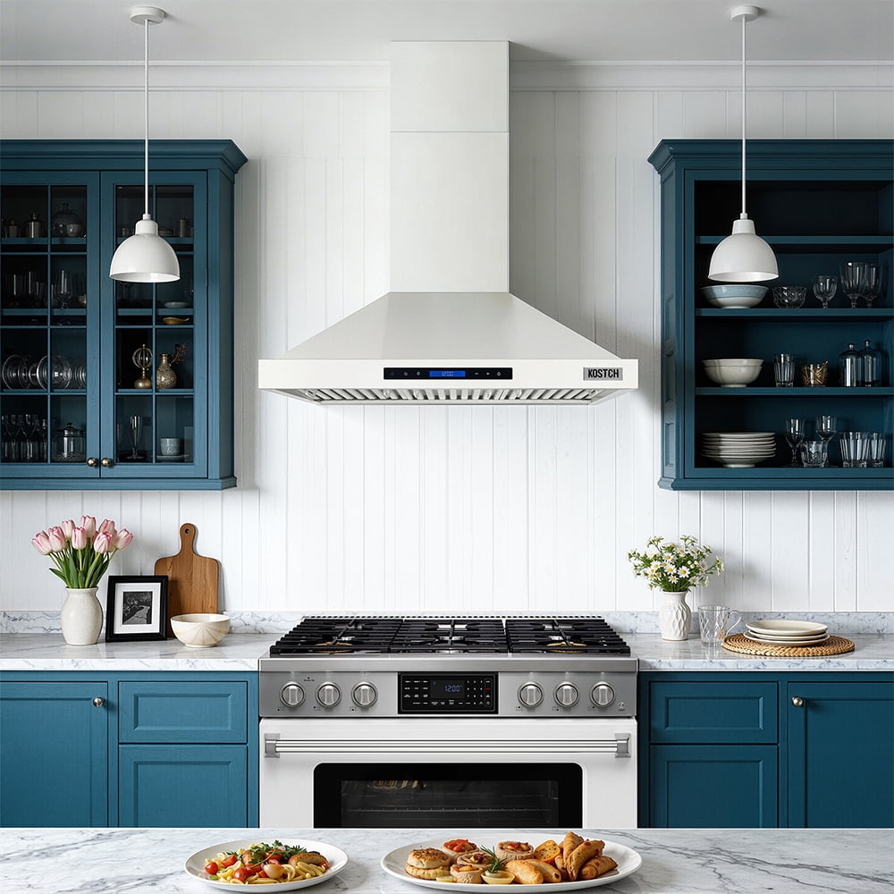 KOSTCH 36 inch Convertible Ducted Wall-Mount Range Hood, 600 CFM Kitchen Vent Hood with 3 Speed Exhaust Fan & LED Light, Kitchen Range Hood with Touchscreen Control Panel and Remote Control