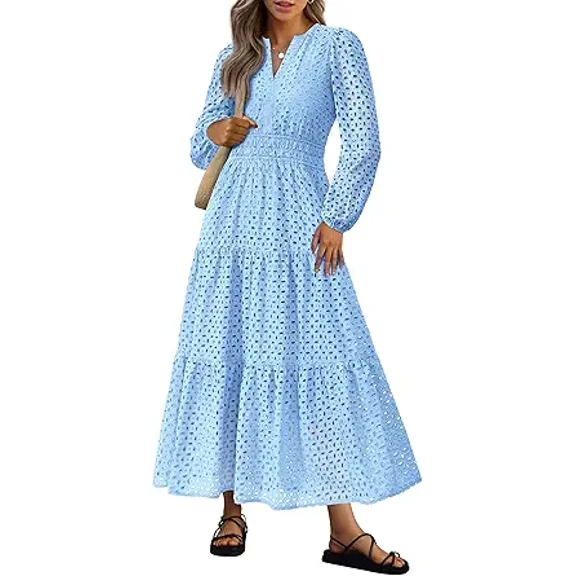 PRETTYGARDEN Women's Fall Maxi Dress Long Sleeve V Neck Eyelet Hollow Out A Line Long Flowy Wedding Guest Dresses