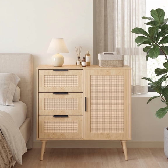 iooHug Natural Rattan 3 Drawer Storage Cabinet with Adjustable Shelf Solid Wood Legs Sideboard for Living Room Dining Room Study