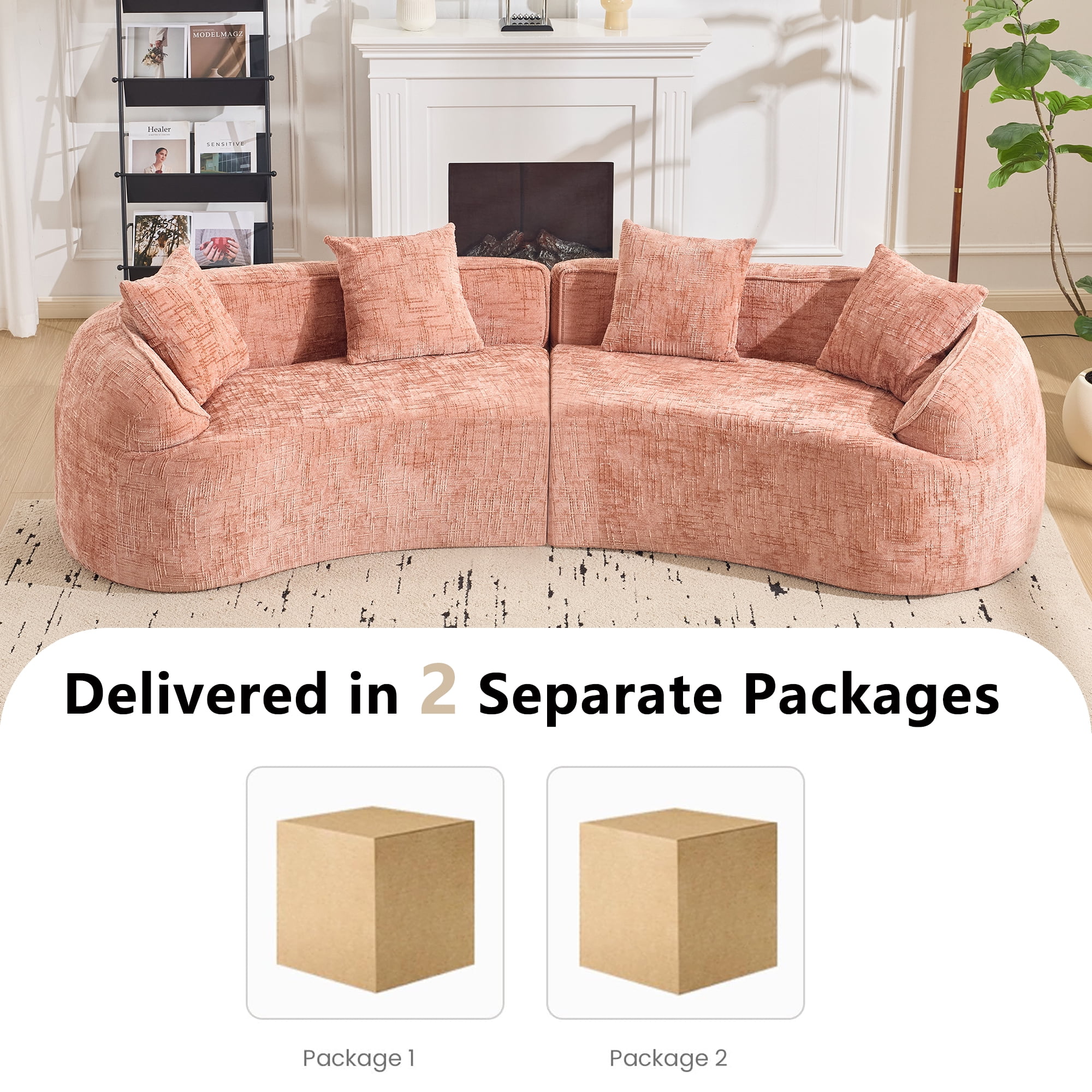 Curved Sofa, Pink Compressed Chenille Sectional with Soft Fabric and Foam Spring Support, Modern 109-Inch Multi-Seater for Apartment Living Room