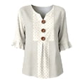 thumbnail image 4 of OOOUM Woman 3/4 Sleeve Blouse Modern Fit Print Ruffle V Neck Basic Tops Stylish Comfortable Outfits Tees Beige, 4 of 4