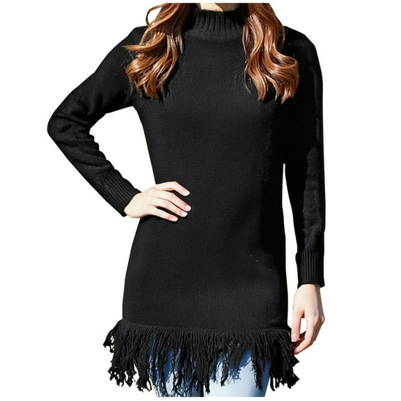 Perfectbot Women's Bodycon Sweater Dress - Mock Neck Long Sleeve Fringe Hem Mini Dresses Vacation Outfit