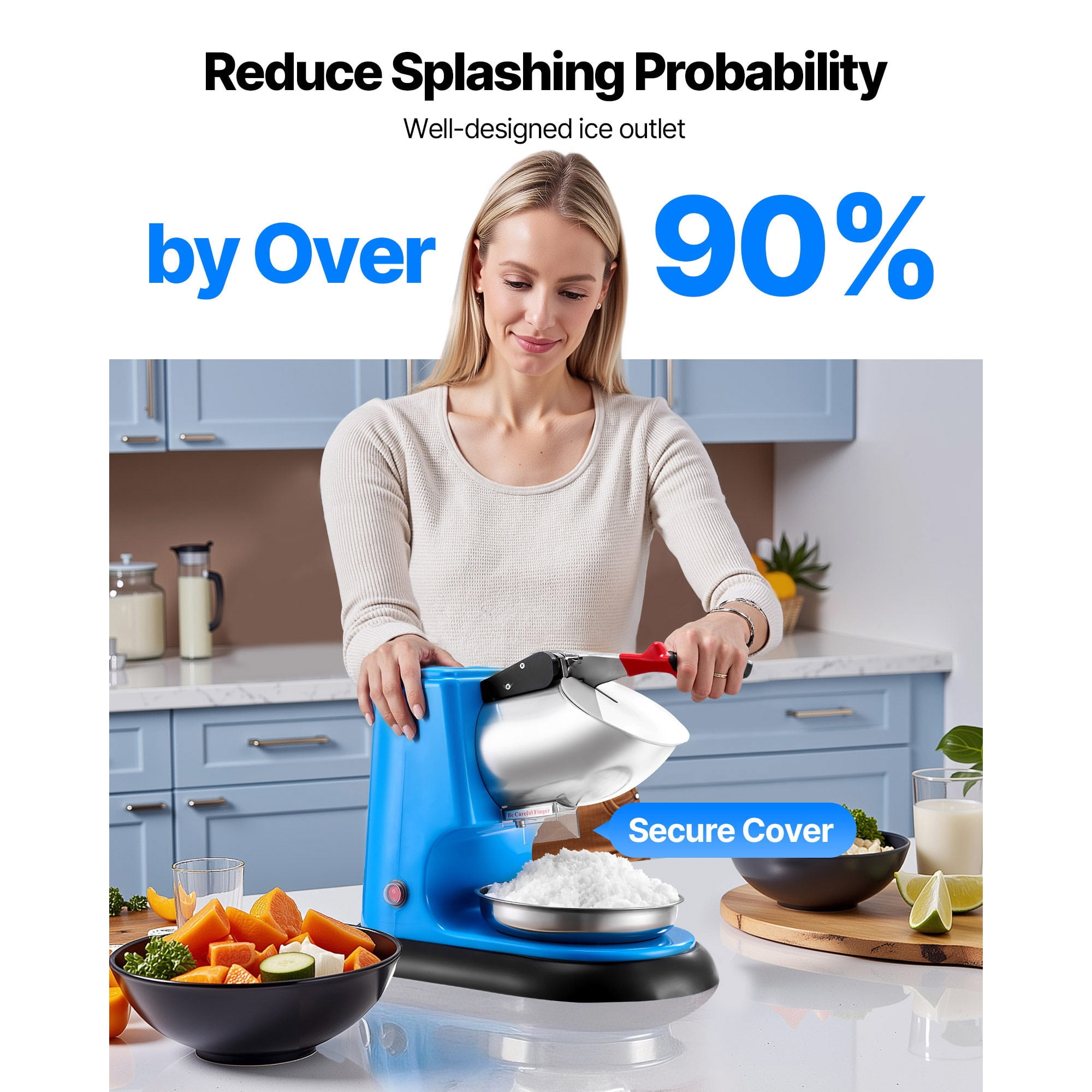 KFFKFF Electric Ice Crusher Machine, 220lbs/H Shaved Ice Maker with 4 Blades, Stainless Steel Snow Cone Machine with Bowl and Cover, 300W 1400RPM for Home and Commercial Applications, Blue