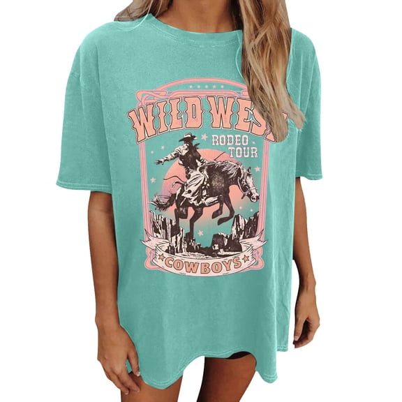 Trendfront Womens Western Graphic T Shirts Crewneck Short Sleeve Wild West Cowboy Rodeo Tour Letter Print Vintage Country Style Casual Tee Tops