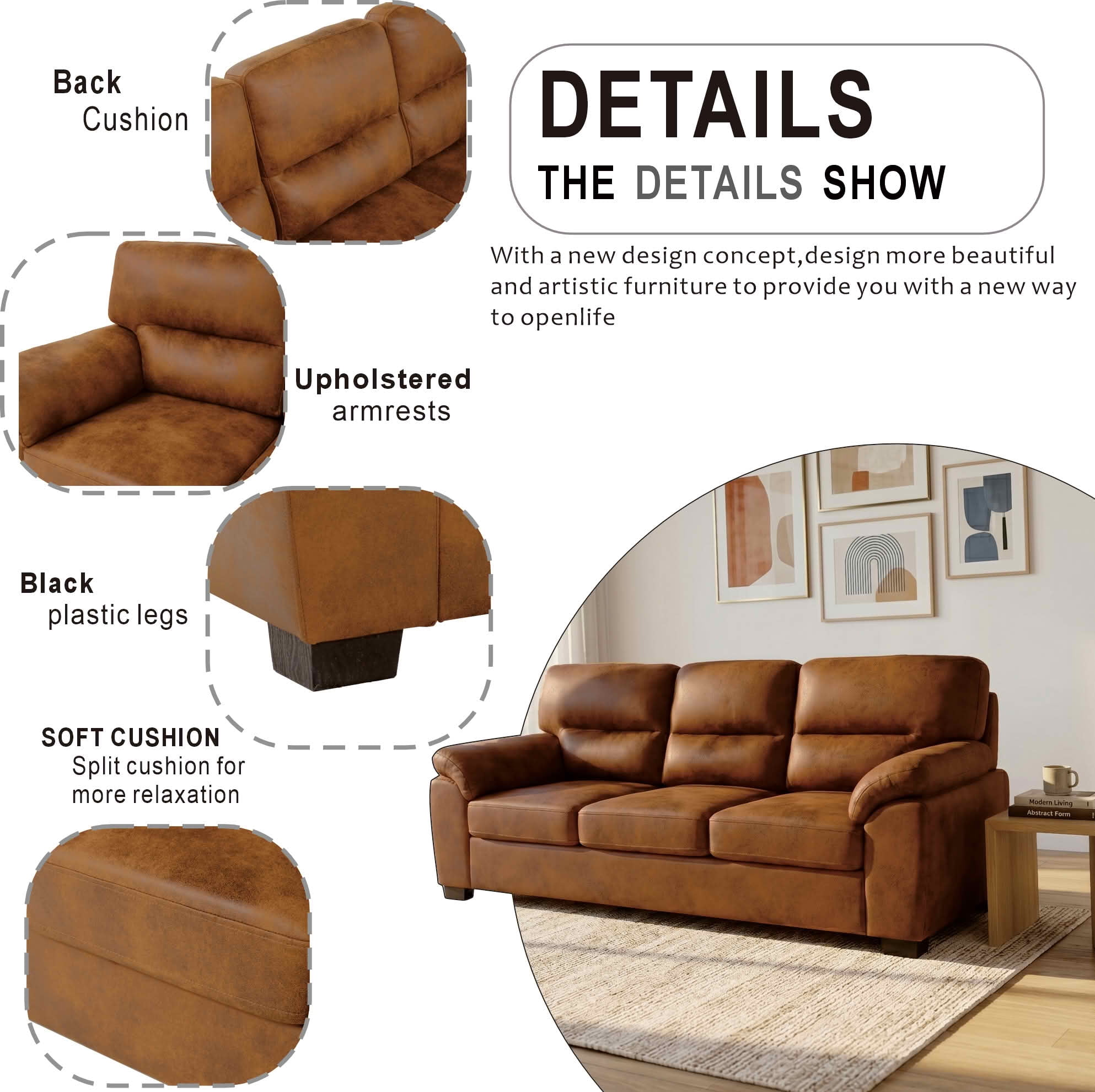 MAYEERTY 81 Inch Modern 3‑Seater Upholstered Sofa, Comfy Couch with Padded Armrests, Black Legs for Living Room