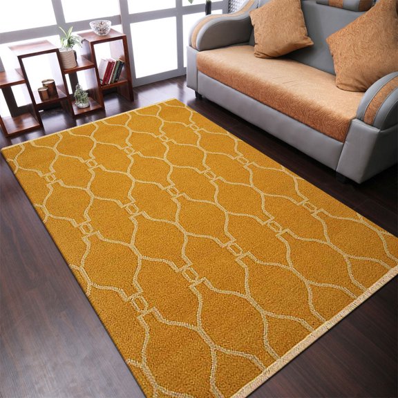 Rugsotic Carpets Hand Woven Flat Weave Kilim Wool Eco-Friendly 4'x6' Area Rugs Rectangle Gold Contemporary Modern Design Low Pile Indoor Handmade Rug for Living Room, Bedroom D00129