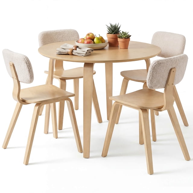 Costway 5 PCS Dining Table Set with 4 Padded Dining Chairs, Circle Dinner Dinette Table Beige & Natural