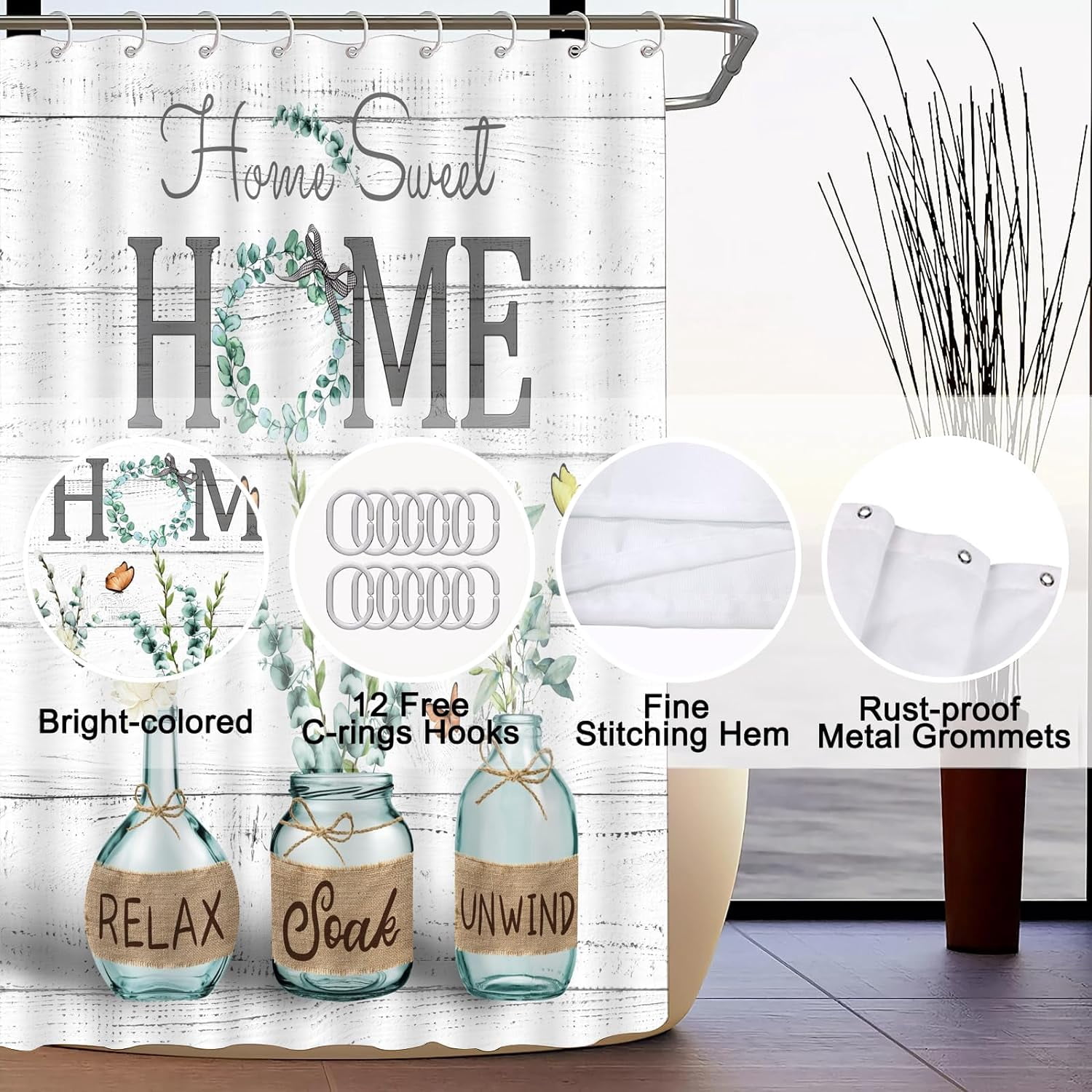 4 PCS Green Eucalyptus Shower Curtain Sets Home Sweet Bathroom Set with Shower Curtain and Rugs and Accessories Farmhouse Country Shower Curtain Bathroom Decor with 12 Hooks 72 X 72 Inch