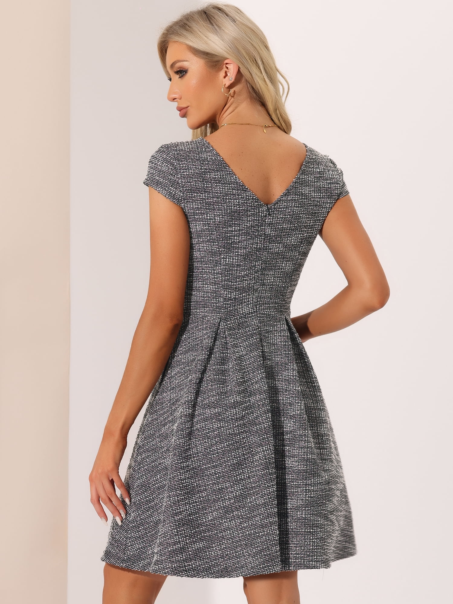 DARING DIVA Women's Tweed Cap Sleeve A Line Vintage Pleated Dresses L Black Pink
