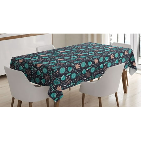 

Cartoon Tablecloth Flowers Forest Herbs Botany Foliage Meadow Blooms Rectangle Satin Table Cover Accent for Dining Room and Kitchen 60 X 90 Dark Blue Grey and Seafoam by Ambesonne
