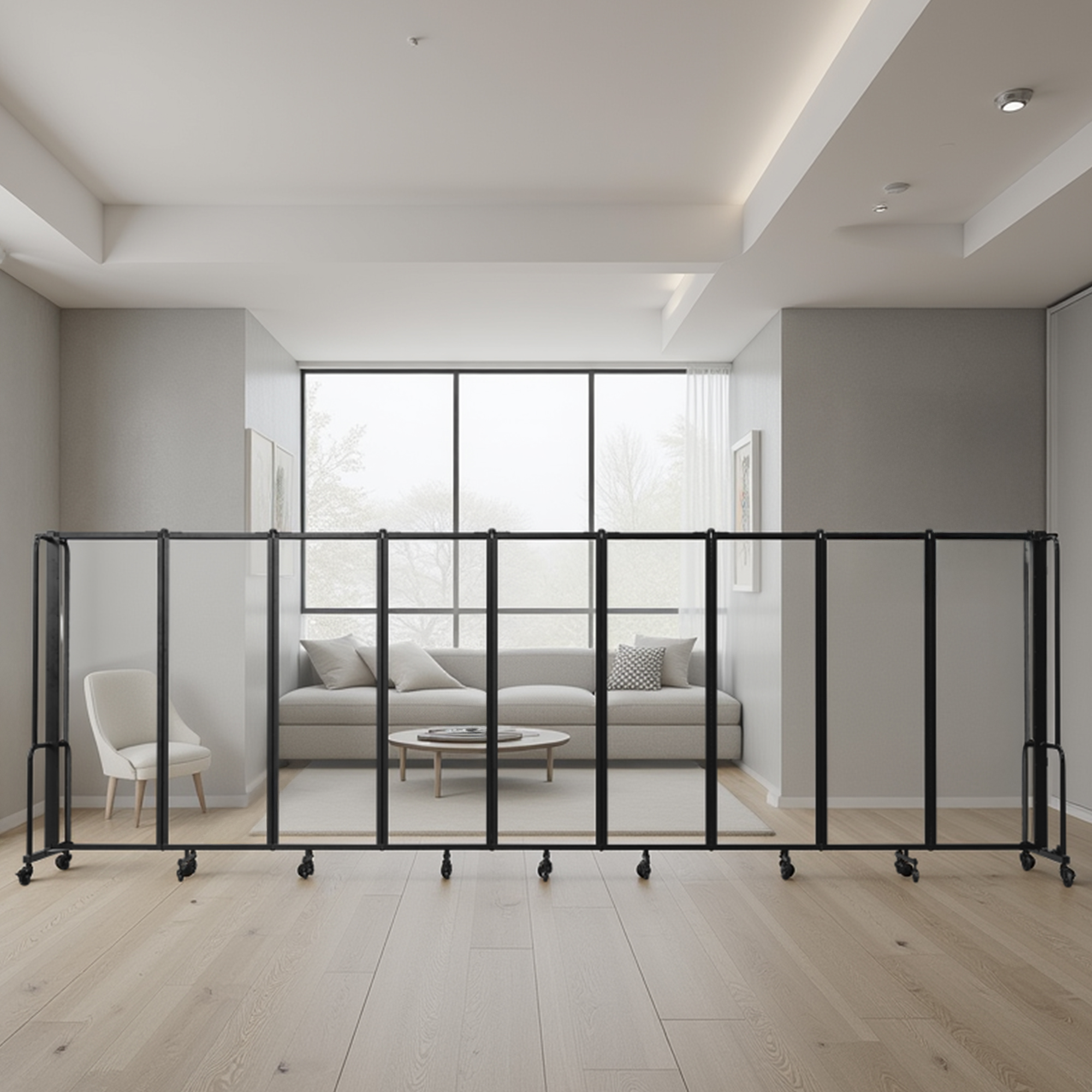 Hampden Furnishings Otis Collection Portable Room Divider, 9 Transparent Panels, Black Frame