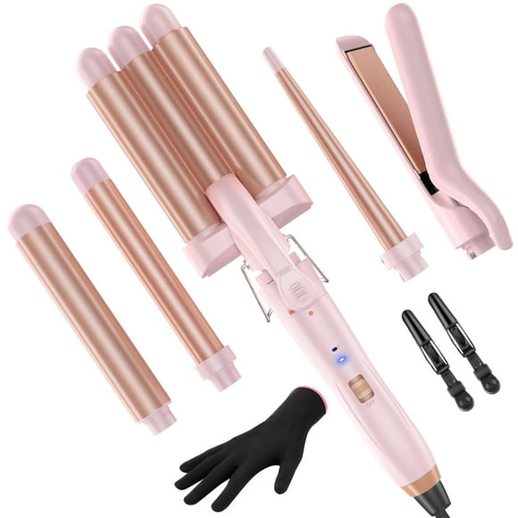 Rizador de pelo 5 en 1 con varita, plancha de pelo de 3 cilindros, 3 rizadores de cerámica (de 0,89 a 3,17 cm), 2 temperaturas de calentamiento rápido, guante y pinza (rosa claro)