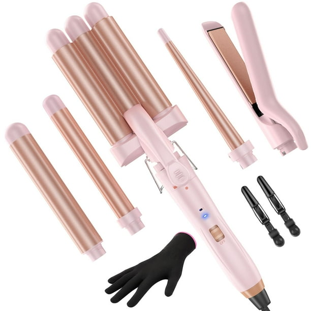 Rizador de pelo 5 en 1 con varita, plancha de pelo de 3 cilindros, 3 rizadores de cerámica (de 0,89 a 3,17 cm), 2 temperaturas de calentamiento rápido, guante y pinza (rosa claro)