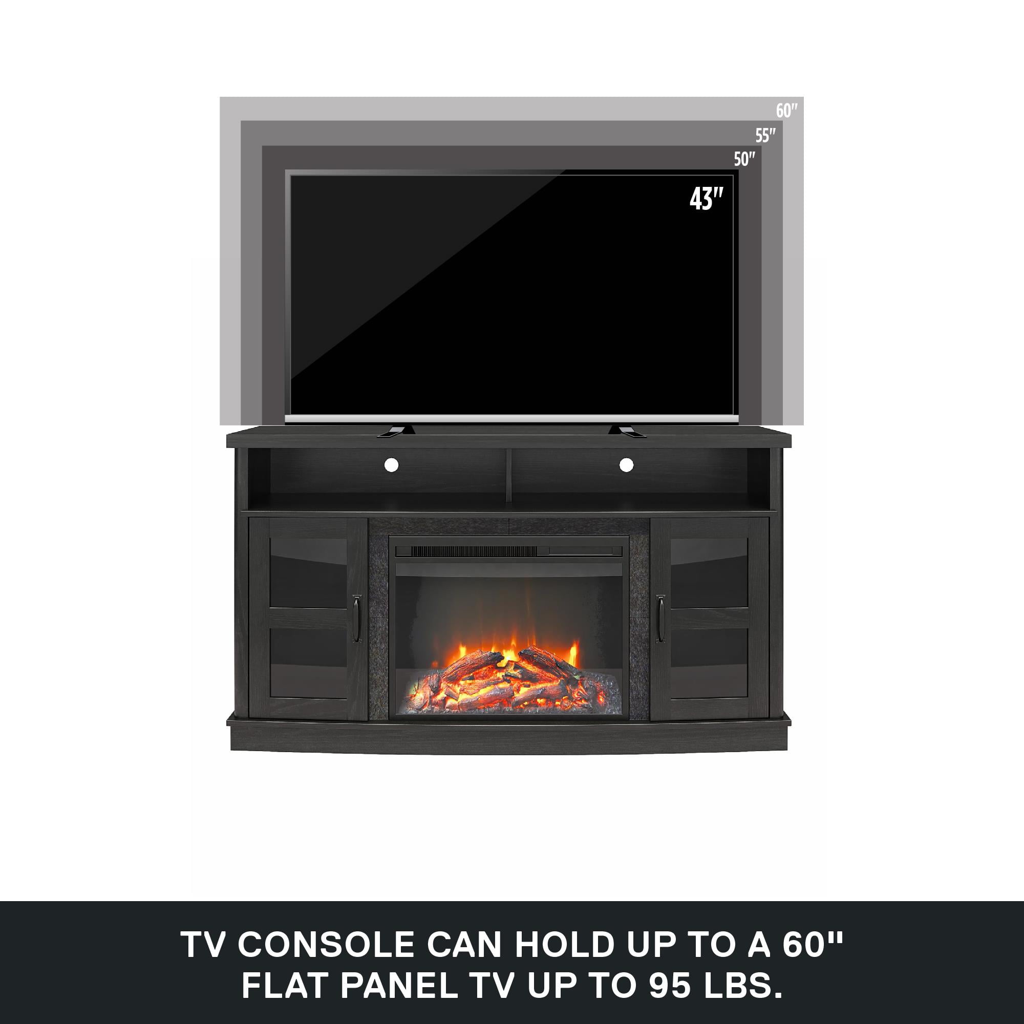 Ameriwood Home Brunswick Bay Fireplace Console with Glass Doors for TVs up to 60", Black Oak