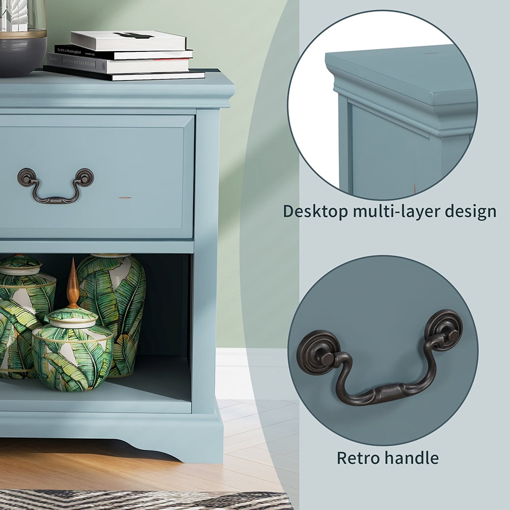 Lowestbest Modern Solid Wood Bedside Table, Living Room Side Table Coffee Table with 1 Drawer, Blue Lowestbest Modern Solid Wood Bedside Table, Living Room Side Table Coffee Table with 1 Drawer, Blue