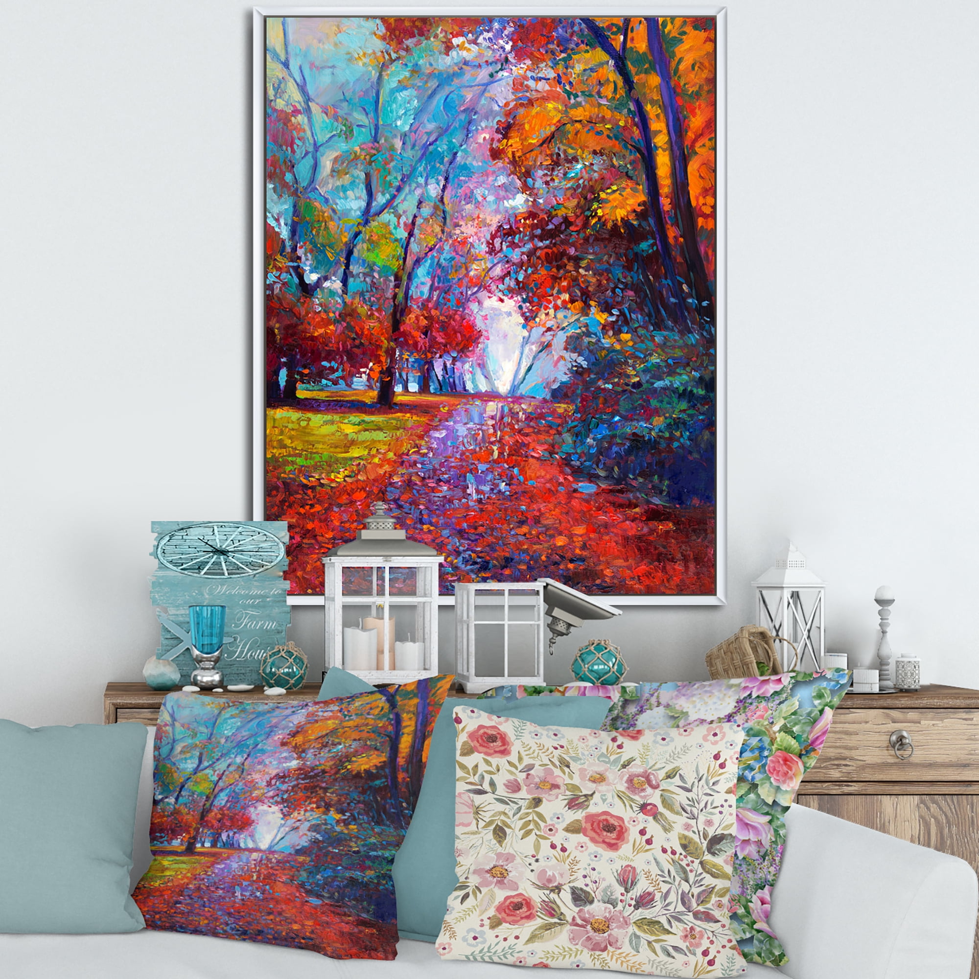 Red Autumn Landscape With Little Road 16 in x 32 in Framed Painting Canvas Art Print, by Designart