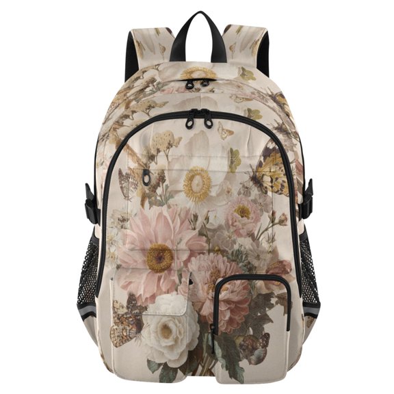 Large Capacity Student Backpack, 14 Inch Laptop Backpack, Wear-Resistant Polyester Travel Backpack with Reflective Strips for Commuting Outdoor Cute Flowers and Butterflies