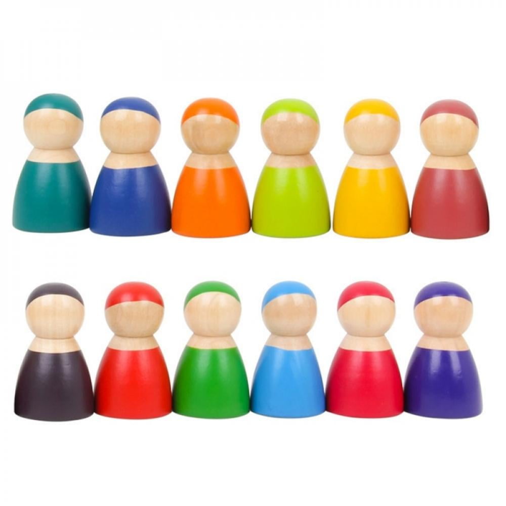 12 x Painted Rainbow Wooden Peg Dolls Kids Play Montessori Learning Toys Gift 
