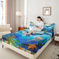 thumbnail image 3 of Castle Fairy Stained Glass Whale King Sheets 4pcs,Jellyfish Coral Underwater Tile Bedding,Cyan Navy,1 Fitted Sheet,1 Flat Sheet and 2 Pillowcases, 3 of 6