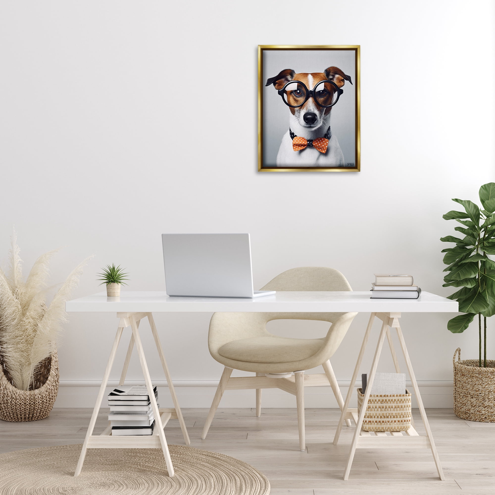 Stupell Industries Hipster Bowtie Dog Animals & Insects Painting Gold Floater Framed Canvas Art Print Wall Art, 17 x 21