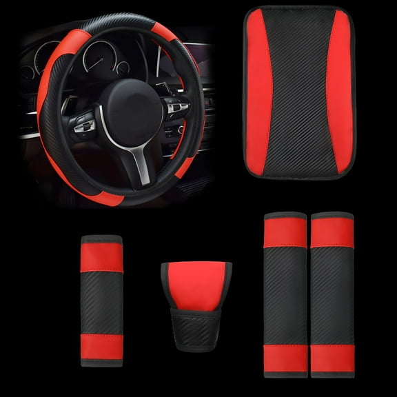 MELIVO Universal Car Steering Wheel Cover, Leather, Black and Red, 15 Inch, Carbon Fiber Car Accessories