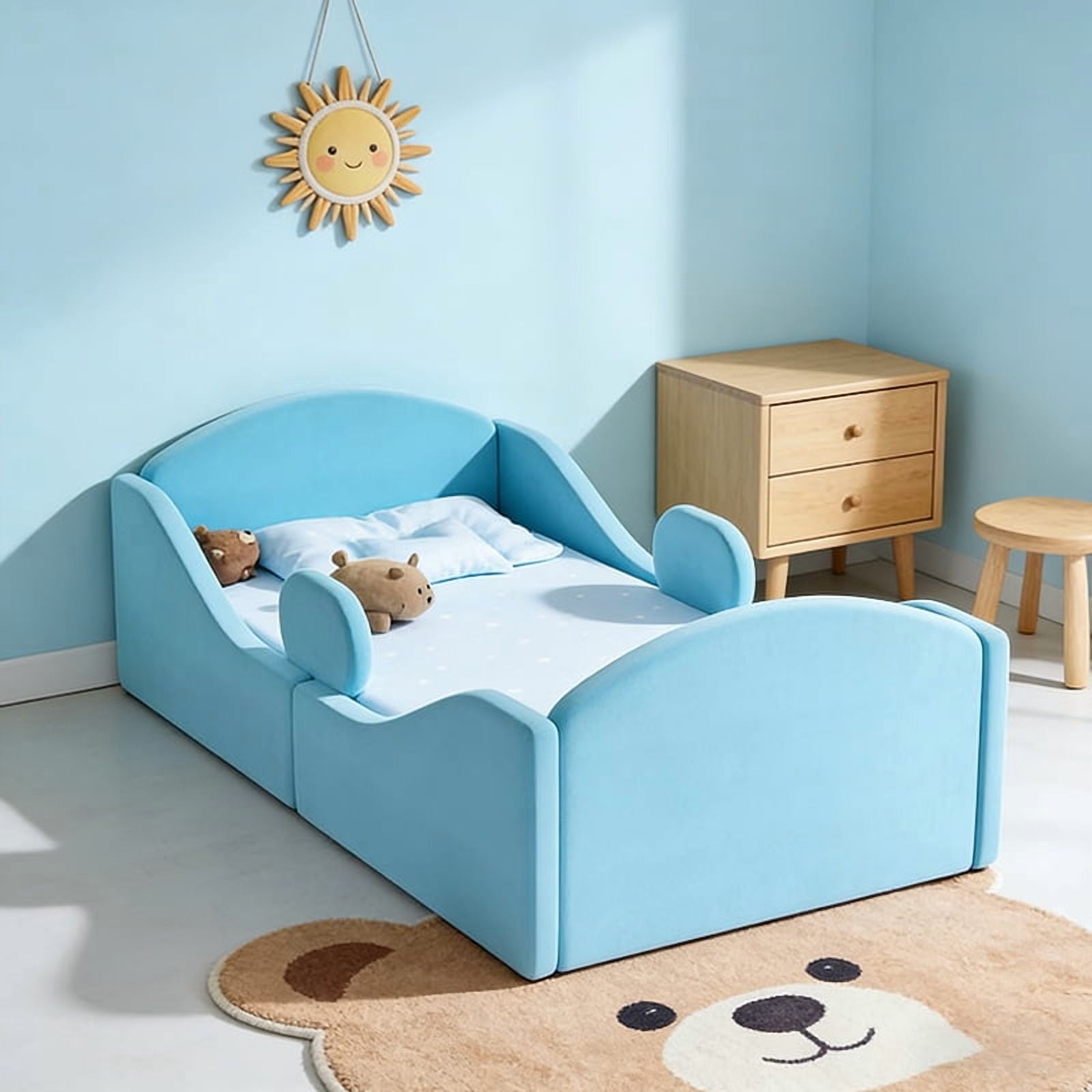 Datingday Toddler Floor Bed with Removable Safety Rails – Ultra Soft Upholstered Low-Profile Kids Bed, Standard Crib Size (Fits 52" x 28" Mattress), Blue, for Easy Crib-to-Big-Kid Bed Transition