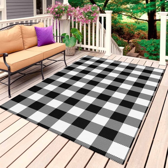 Black White Plaid Outdoor Rug 5x8 Ft, Non Slip Washable Area Rug, Farmhouse Modern Art Checkered Patio Rugs Carpet Runner, Large Floor Mat for Indoor/Outdoor Deck Porch Camping