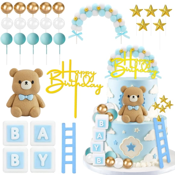 Adorno para Pastel de Osito Sunshuang 28 piezas Baby Shower Azul