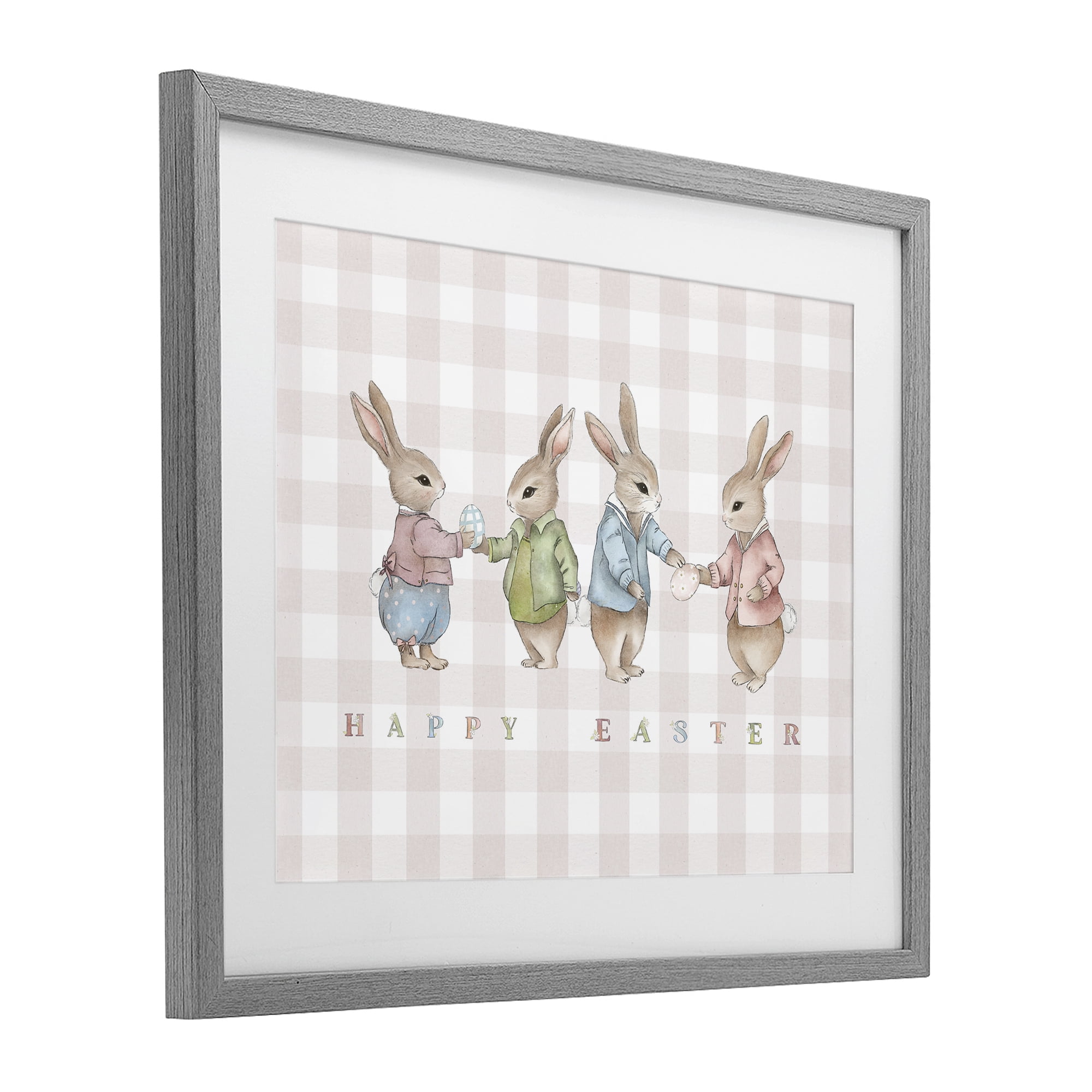 Stupell Industries Easter Bunnies Pink Gingham Gray Framed Print Under Glass, design by Leah Straatsma