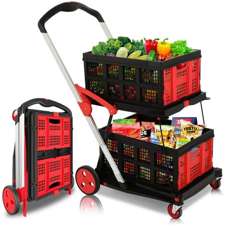 GYZJ Multi Use Functional Foldable Shopping Cart with Wheels, Adjustable Portable Trolley - for Shopping, Picnic, 2 Removable Shopping Baskets